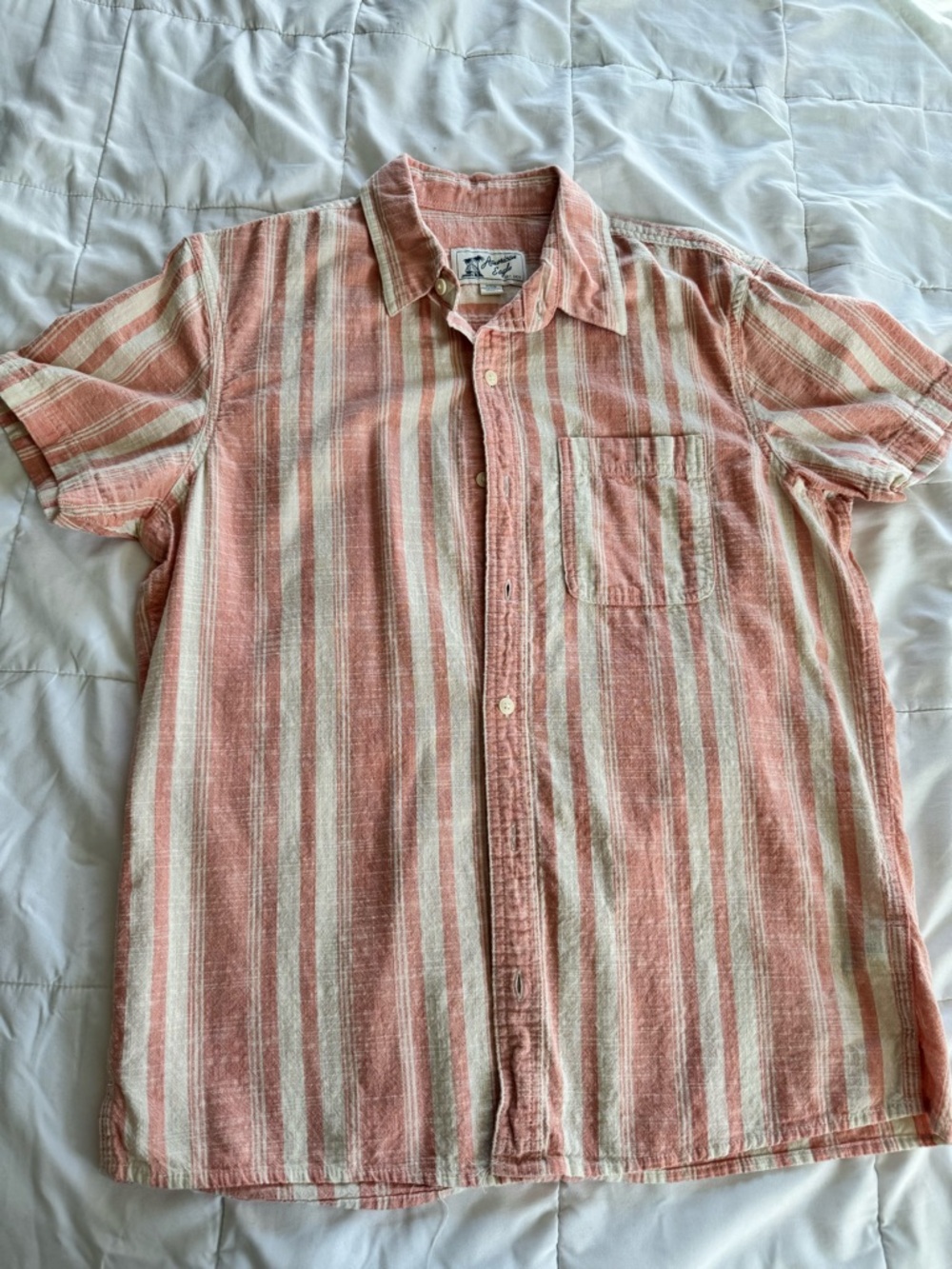 American Eagle Outfitters Peach and White Striped Short-Sleeve Button-Up Shirt